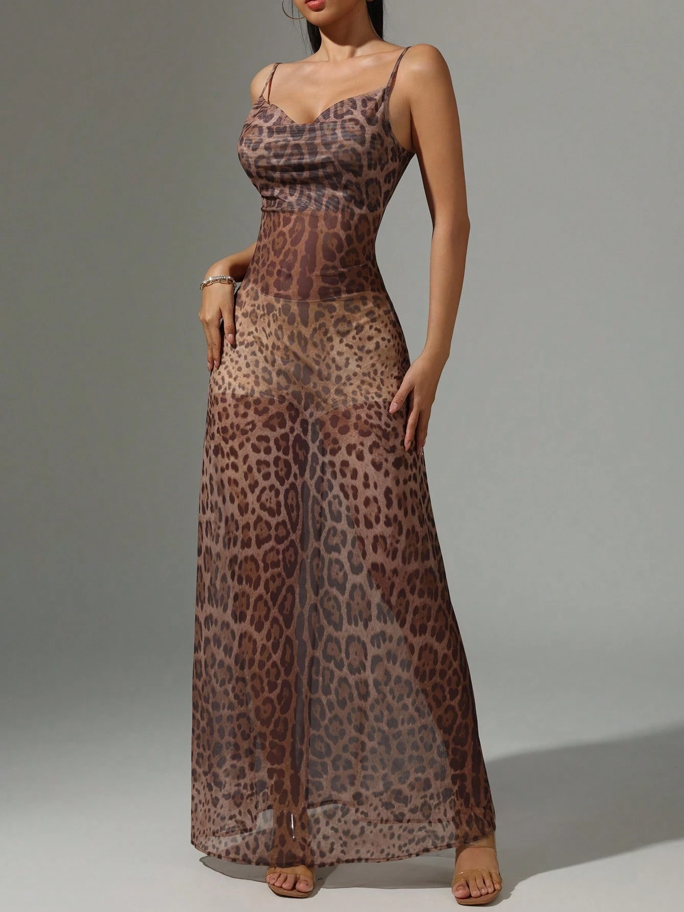 SHEIN Women's Sexy Sheer Leopard Print Fishtail Hem Cami Dress