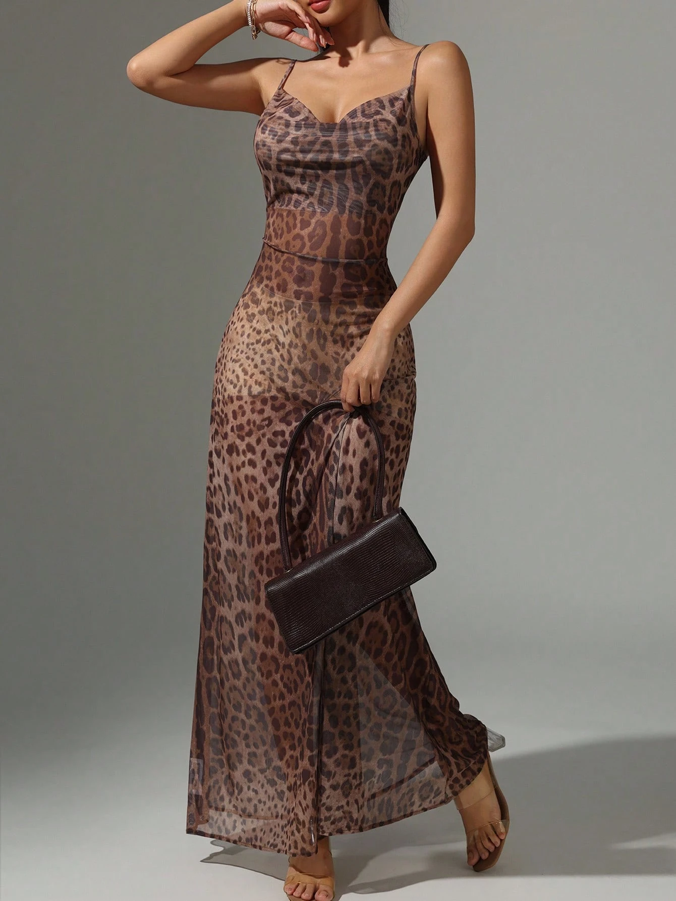 SHEIN Women's Sexy Sheer Leopard Print Fishtail Hem Cami Dress - Image 3