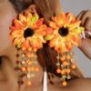 SHEIN imoli 1 Pair Bohemian Vintage Polyester Flower & Sunflower Pendant Beaded Earrings