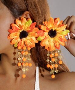 SHEIN imoli 1 Pair Bohemian Vintage Polyester Flower & Sunflower Pendant Beaded Earrings