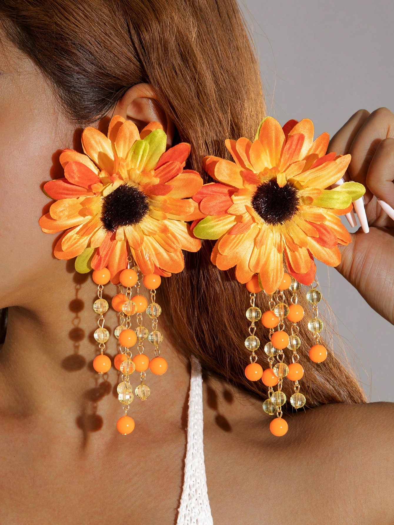 SHEIN imoli 1 Pair Bohemian Vintage Polyester Flower & Sunflower Pendant Beaded Earrings
