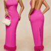 SHEIN Glamine Rose Red Halter Patchwork Fuzzy Hem Backless Split Maxi Party Dress