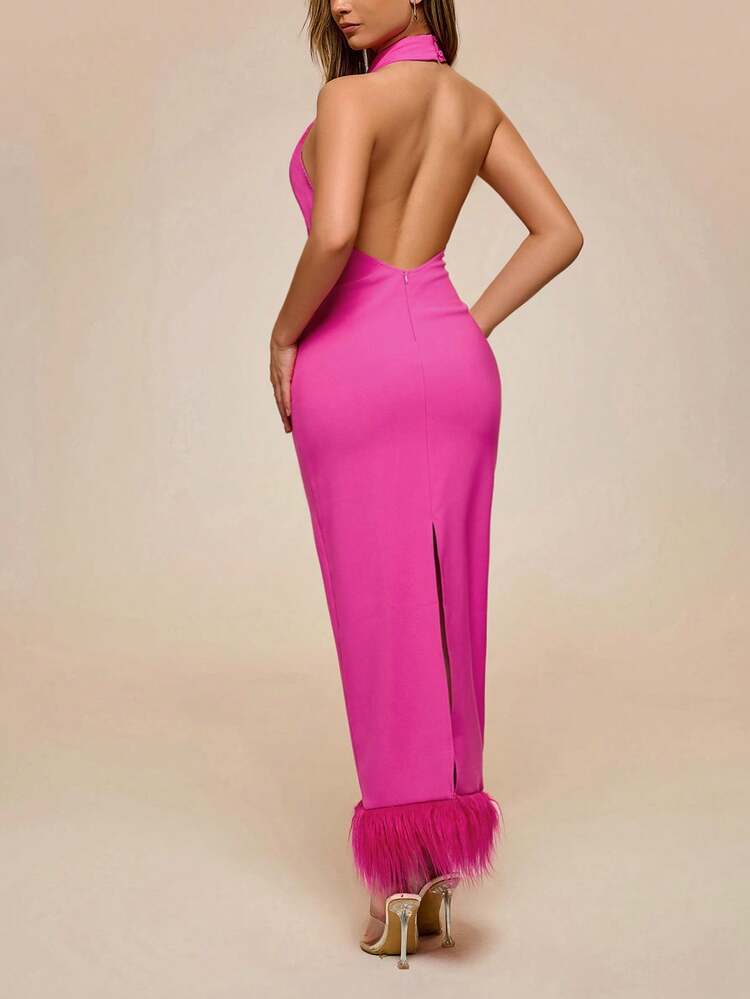 SHEIN Glamine Rose Red Halter Patchwork Fuzzy Hem Backless Split Maxi Party Dress - Image 3