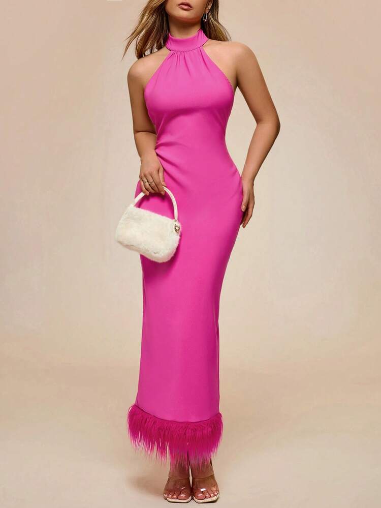 SHEIN Glamine Rose Red Halter Patchwork Fuzzy Hem Backless Split Maxi Party Dress - Image 2