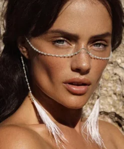 1pc Black Beaded Face Chain With Black Feather Tassel And Nose Bridge