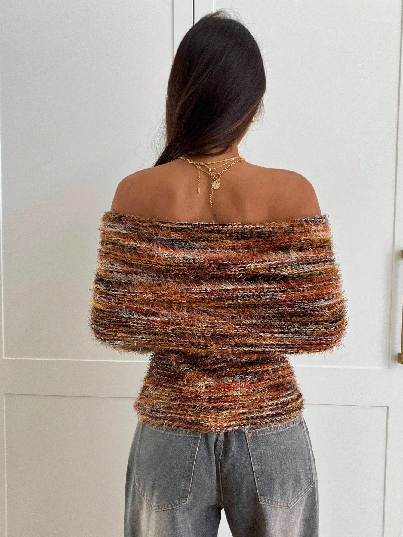 SHEIN Aloruh Women's FallWinter Elegant Off Shoulder Ruched Fitted Long Sleeve Knit T-Shirt,Women Long Sleeve Top - Image 3