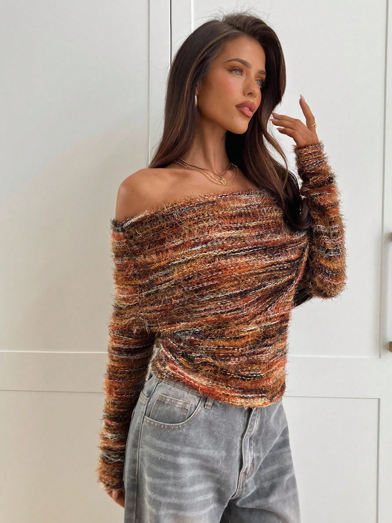 SHEIN Aloruh Women's FallWinter Elegant Off Shoulder Ruched Fitted Long Sleeve Knit T-Shirt,Women Long Sleeve Top - Image 2