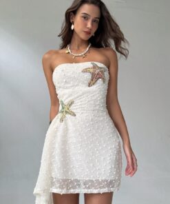 Aloruh Women's Starfish Sequin Print Ruched Bandeau Mini Dress