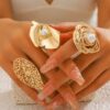 3pcs Exaggerated Style Metal Large Flower, Pearl, Hollow Leaf Design Rings, Fashionable Floral Pattern Finger Rings