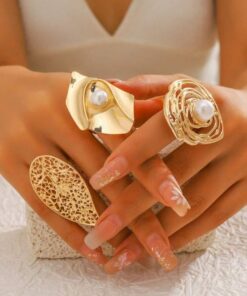 3pcs Exaggerated Style Metal Large Flower, Pearl, Hollow Leaf Design Rings, Fashionable Floral Pattern Finger Rings