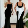 SHEIN Islaluna Square Neck Long Bodycon Dress Women's Backless Bow Design