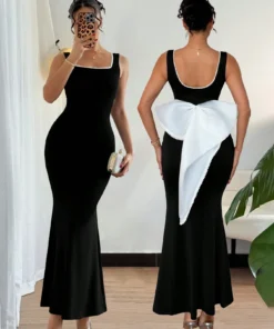 SHEIN Islaluna Square Neck Long Bodycon Dress Women's Backless Bow Design