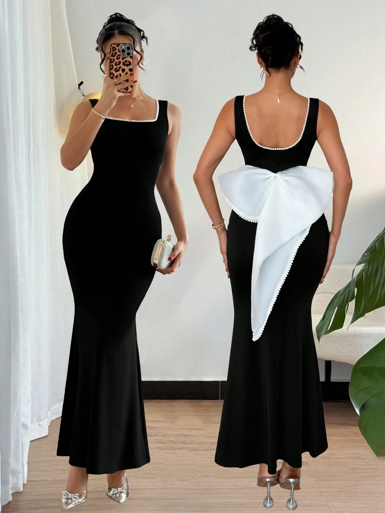 SHEIN Islaluna Square Neck Long Bodycon Dress Women's Backless Bow Design