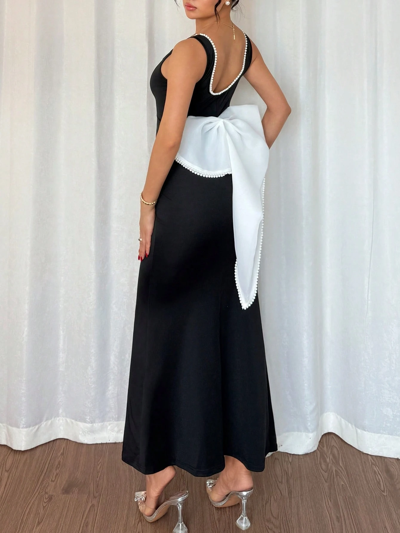 SHEIN Islaluna Square Neck Long Bodycon Dress Women's Backless Bow Design - Image 2