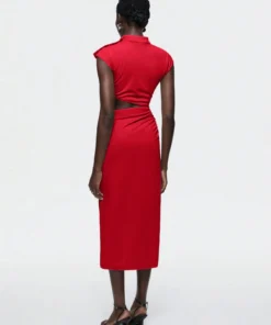 Alternative view of SHEIN Maija 2025 Summer & Autumn New Red Round Neckline Metal Button Shoulder Design Asymmetrical Cut Waist Hollow Out Casual Business Dress