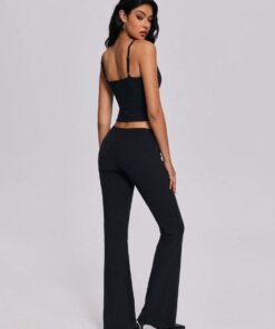 Alternative view of SHEIN Metal Eyelet Decor High Waist Flare Pants, Slimming & Elongating Design