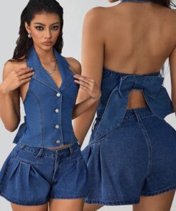 SHEIN EZwear Women's Sexy Backless Halter Neck Fashionable Elegant Casual Denim Vest