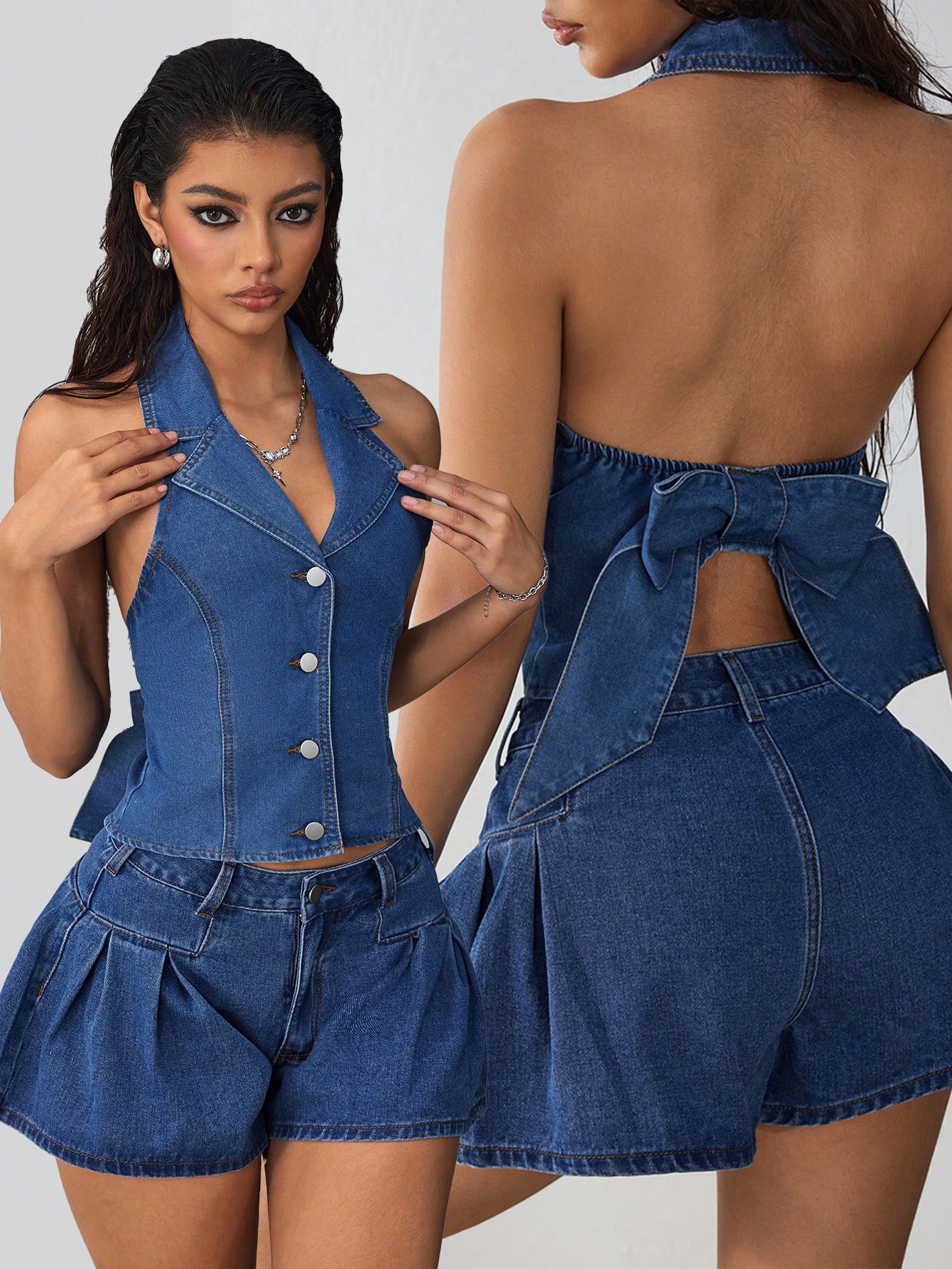 SHEIN EZwear Women's Sexy Backless Halter Neck Fashionable Elegant Casual Denim Vest