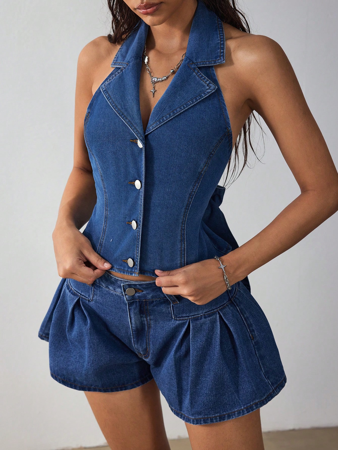 SHEIN EZwear Women's Sexy Backless Halter Neck Fashionable Elegant Casual Denim Vest - Image 3