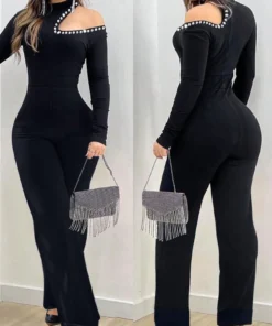 SHEIN Solid Color Elegant & Sexy Pearl Shoulder Hollow-Out Long Sleeve Jumpsuit