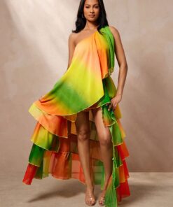 Vixey Ombre Printed Chiffon One Shoulder Asymmetrical Hem Top