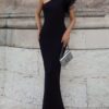 SHEIN Women Elegant One-Shoulder Sleeveless Feather Bodycon Black Long Sexy Party