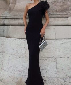 SHEIN Women Elegant One-Shoulder Sleeveless Feather Bodycon Black Long Sexy Party