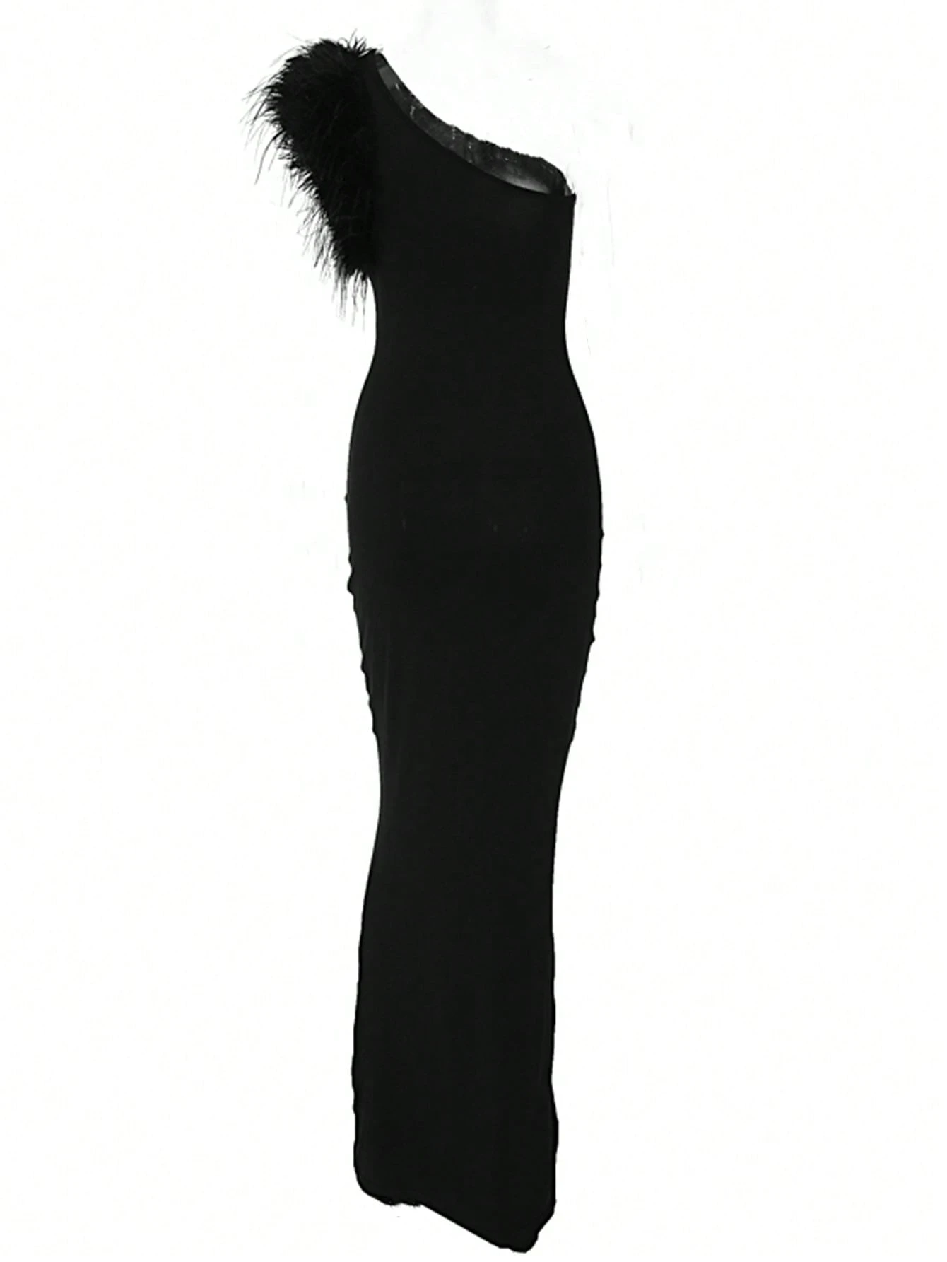 SHEIN Women Elegant One-Shoulder Sleeveless Feather Bodycon Black Long Sexy Party - Image 3