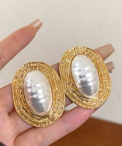 1 Pair Metal Asymmetrical Ruched Striped Ellipse Pearl Earrings