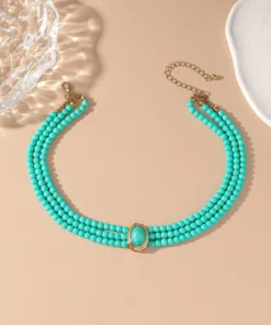 1pc Elegant French Short Multi-Layer Turquoise Beaded Choker Necklace For Women