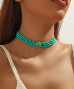 1pc Elegant French Short Multi-Layer Turquoise Beaded Choker Necklace For Women