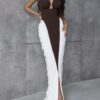 DOUCIU Block Color V-Neck Halter Fishtail Hem Elegant Dresses