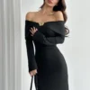 Firerie Women Elegant Metal Decor Bardot Off Shoulder Flare Sleeve Tight Black Long Dress
