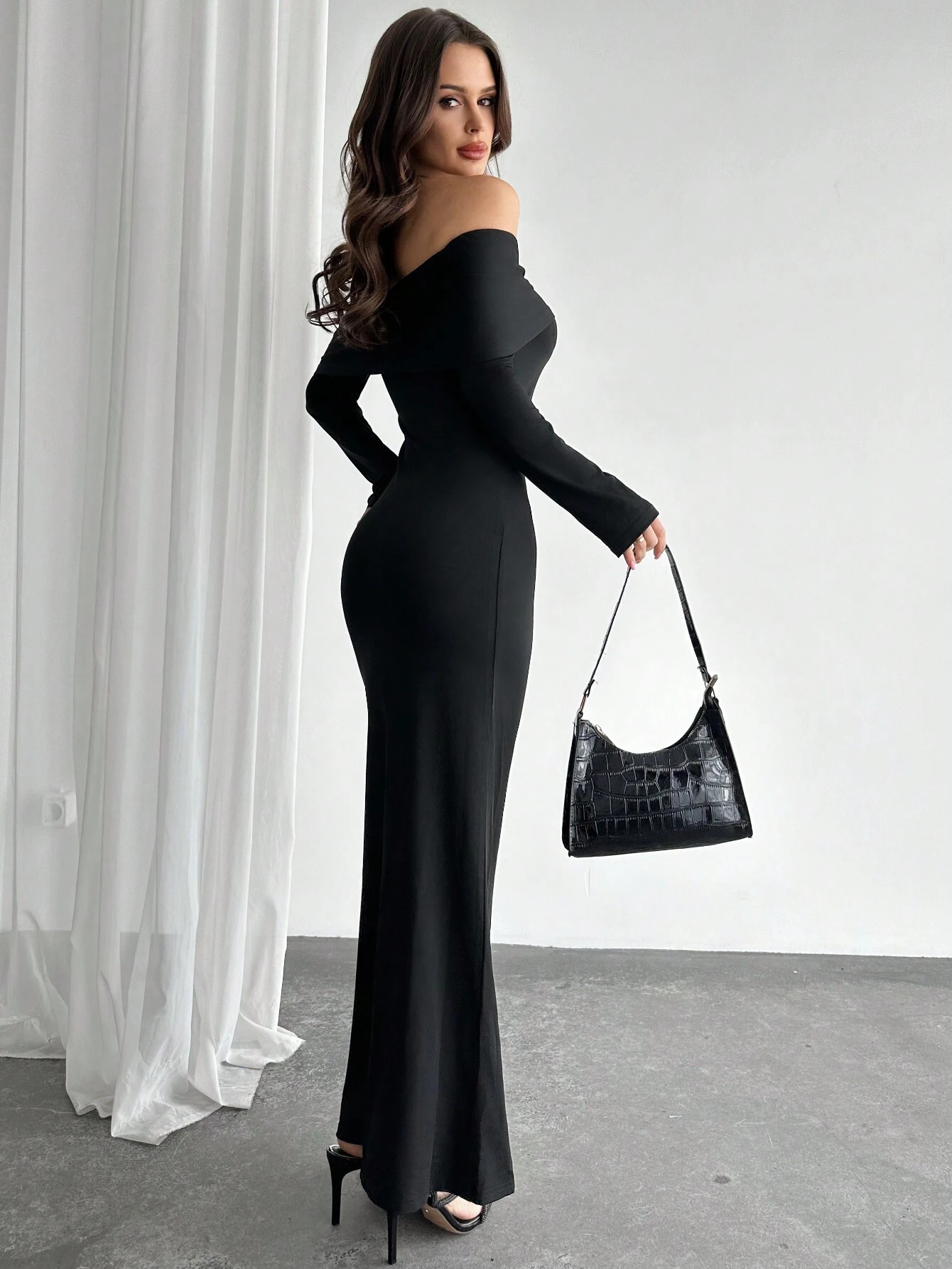 Firerie Women Elegant Metal Decor Bardot Off Shoulder Flare Sleeve Tight Black Long Dress