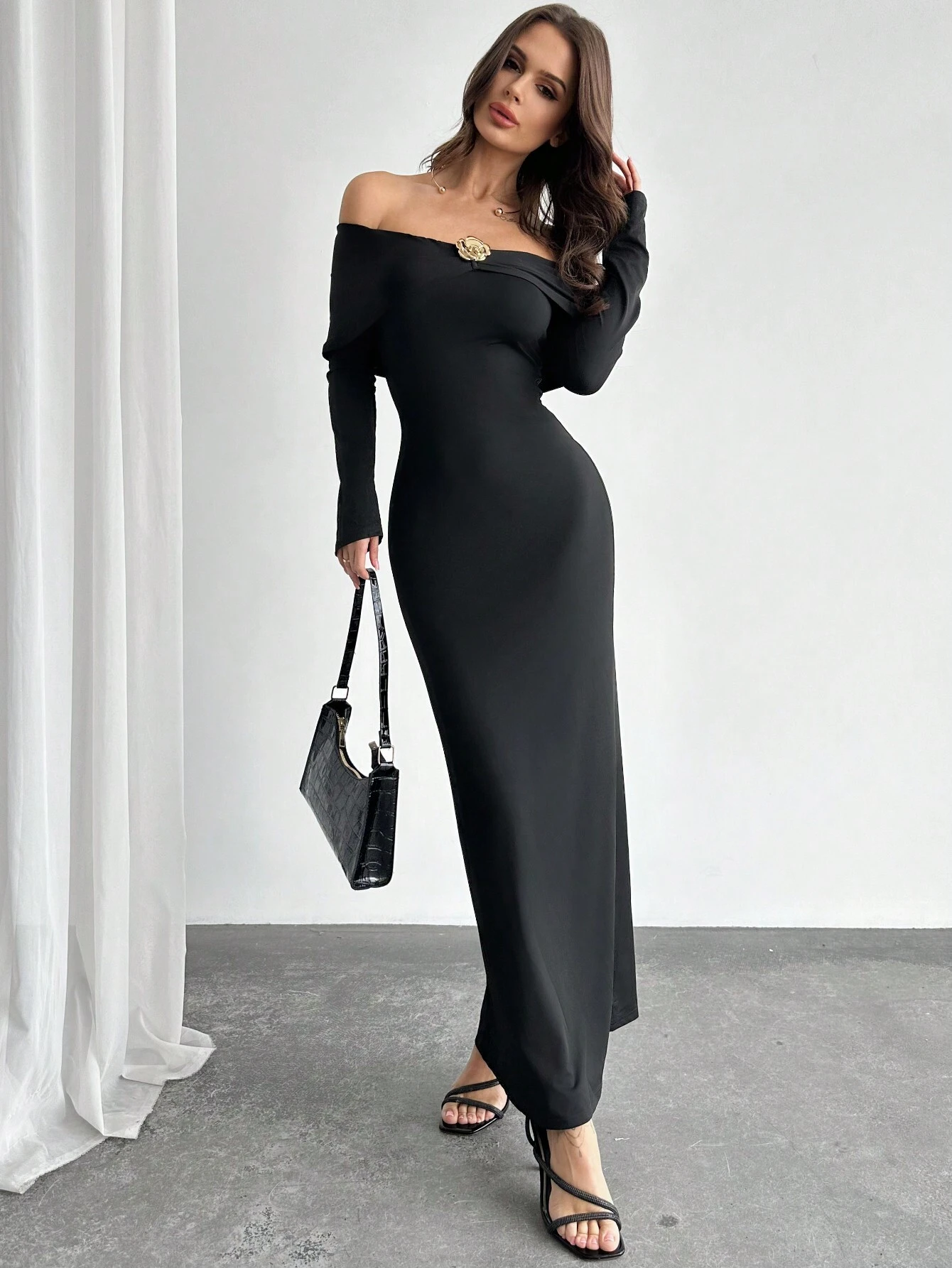 SHEIN Firerie Women Elegant Metal Decor Bardot Off Shoulder Flare Sleeve Tight Black Long Dress - Image 3