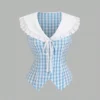 SHEIN Sweetra 2022 Summer New Sweet Fitted Sleeveless Navy Collar Plaid Crop Shirt