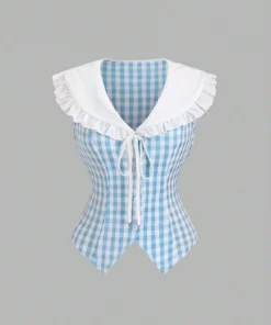 SHEIN Sweetra 2022 Summer New Sweet Fitted Sleeveless Navy Collar Plaid Crop Shirt