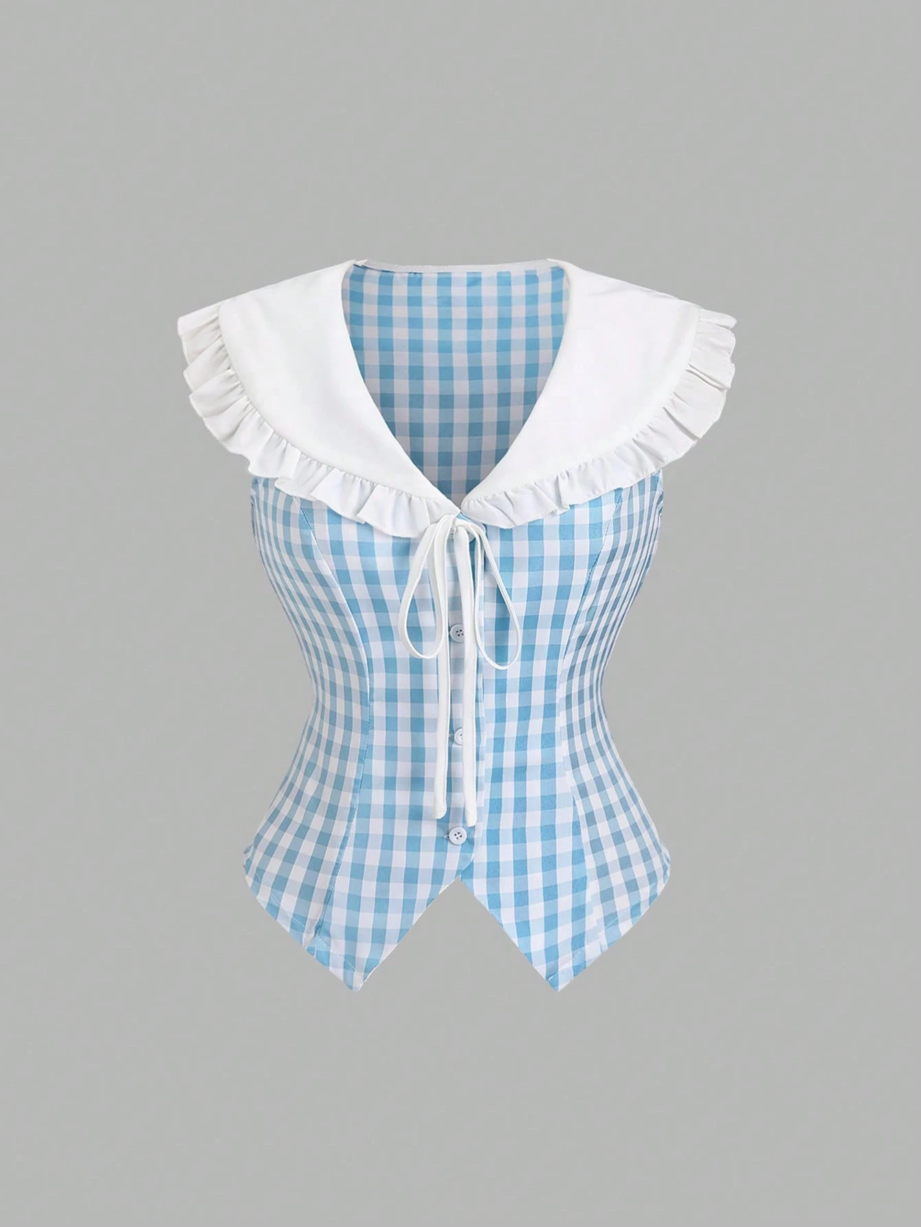 SHEIN Sweetra 2022 Summer New Sweet Fitted Sleeveless Navy Collar Plaid Crop Shirt